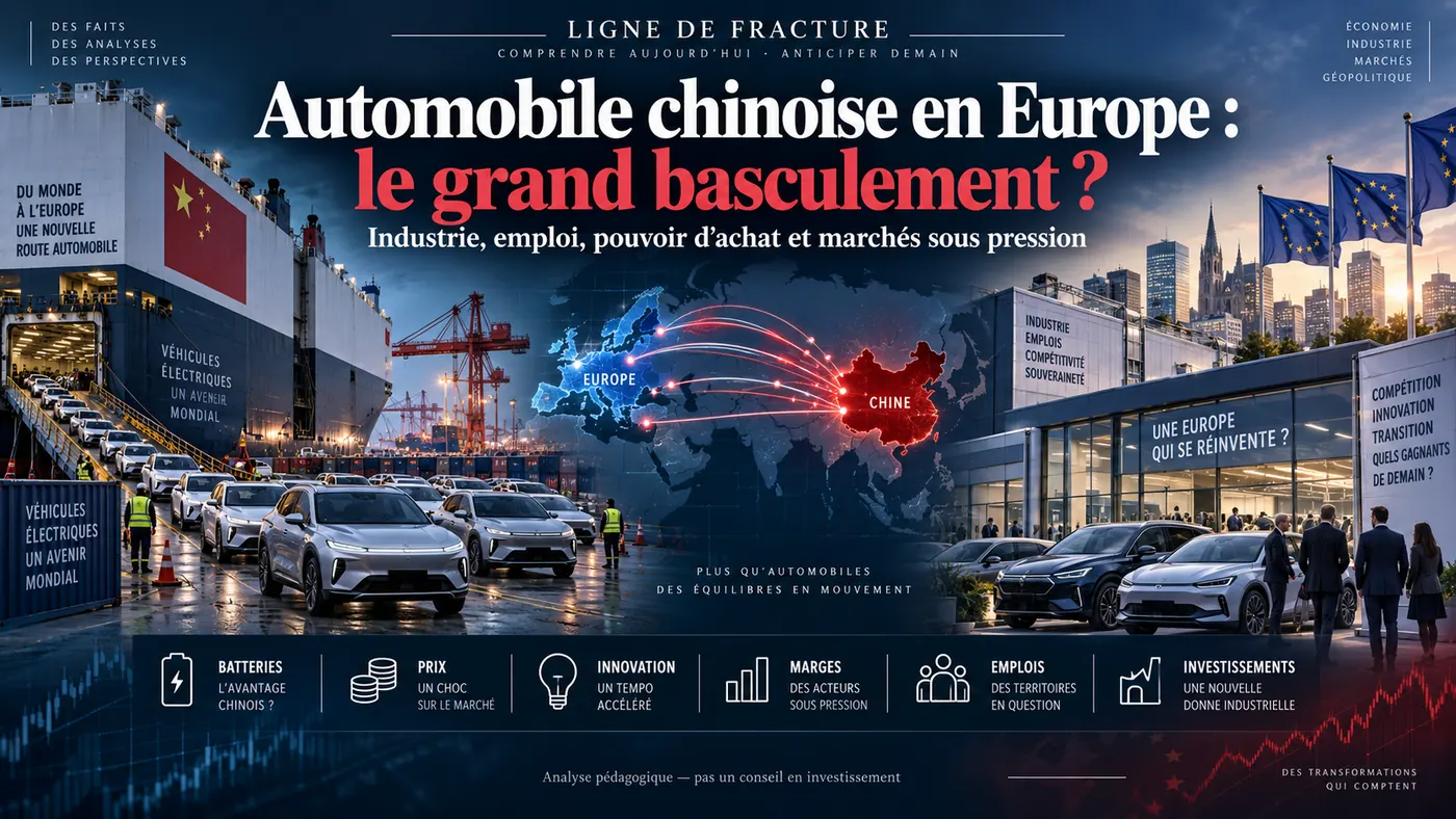 Illustration éditoriale : flux automobiles entre la Chine et l’Europe, usines, ports, véhicules électriques et enjeux d’investissement.